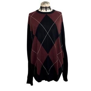 Grunge Unisex Knit Black and Red Argyle Emo Oversized Boxy Fit Pullover Sweater